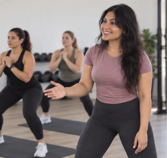 Jeevan cueing clients through a squat.