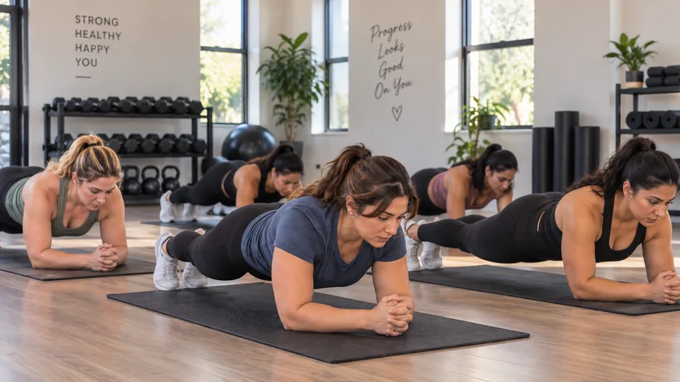 A small group holding a plank on mats in a bright studio.